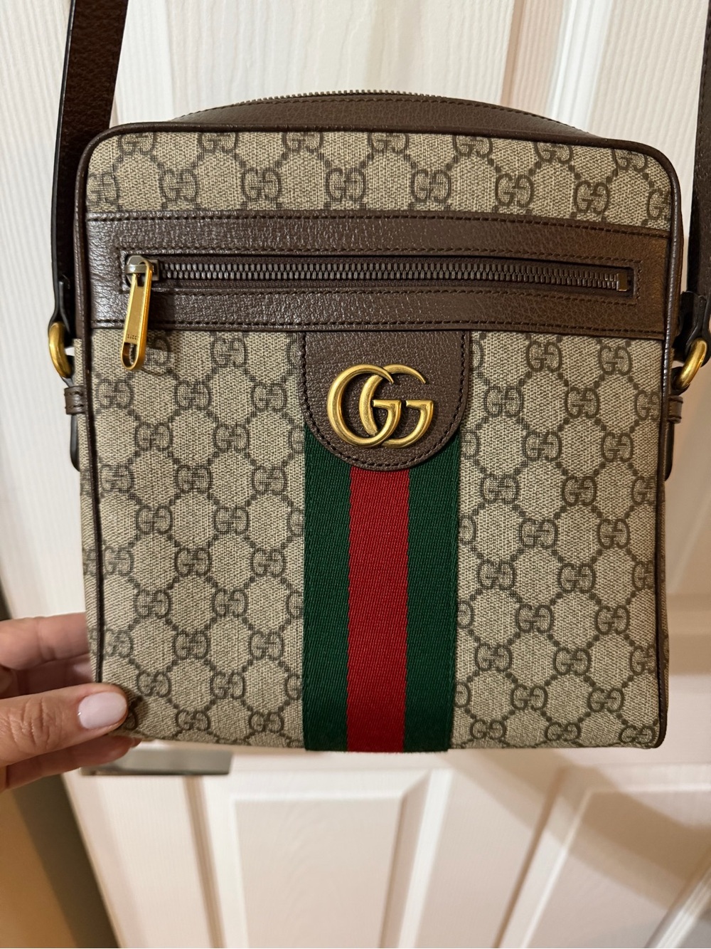 Gucci Beige GG Supreme Messenger Bag with Green and Red Web Stripe
